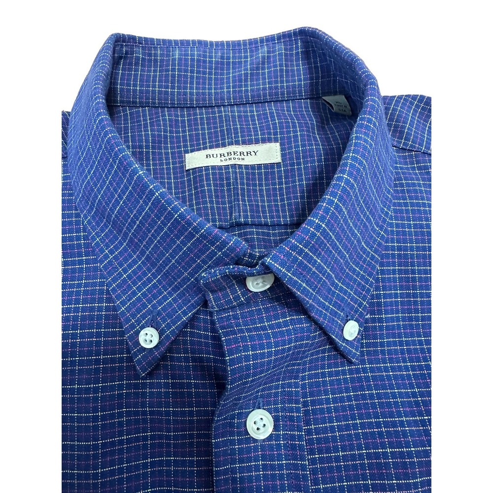 Burberry London Men's XL Purple Check Plaid Cotton Button Down Shirt USA
